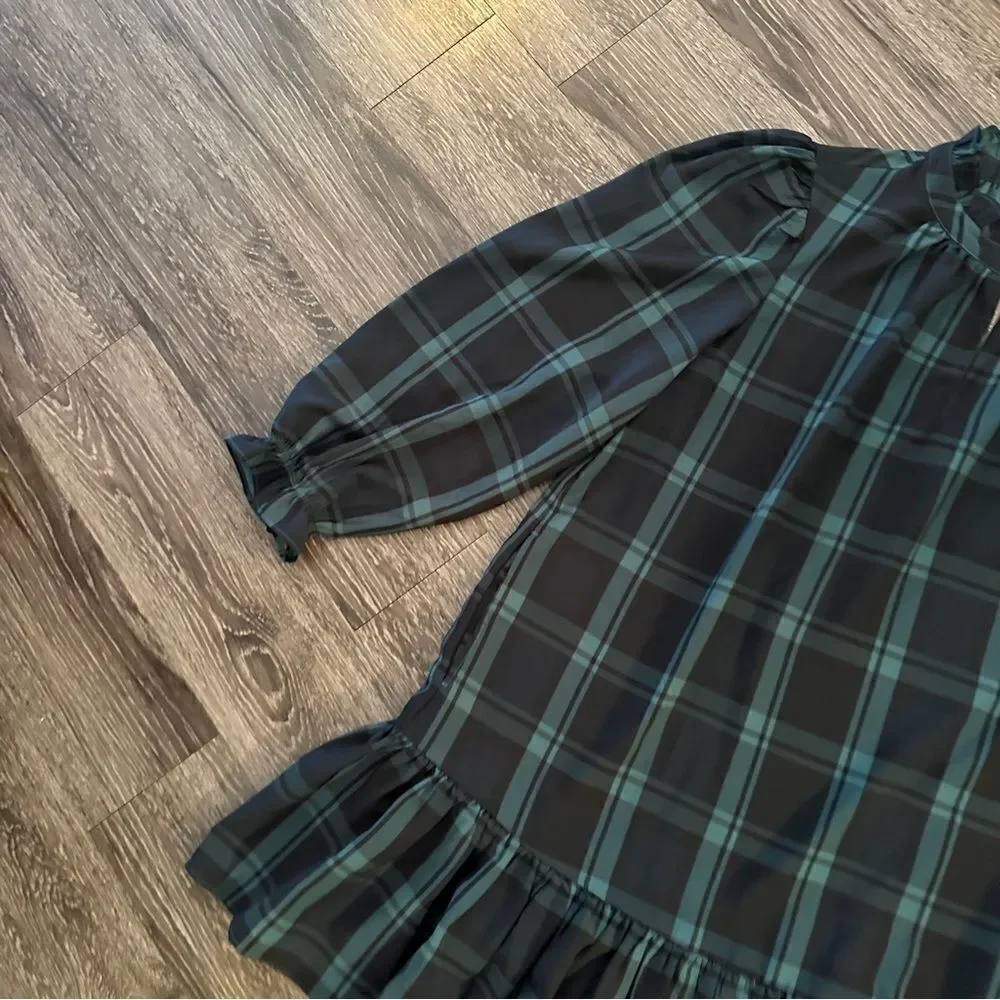 J. Crew Ruffle puff-sleeve dress in Black Watch tartan New